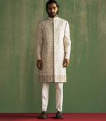 Ivory raw silk embroidered sherwani
