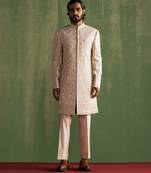 Peach raw silk embroidered sherwani