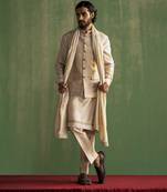 Beige raw silk embroidered nehru jacket set with stole