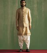Beige hand embroidered raw silk nehru jacket set