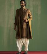 Brown raw silk embroidered nehru jacket set with stole