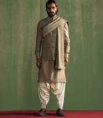 Grey raw silk embroidered nehru jacket set
