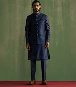Blue raw silk embroidered nehru jacket set