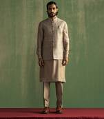 Grey embroidered  raw silk nehru jacket set