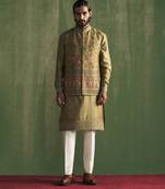 Green linen embroidered nehru jacket set
