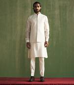 Ivory linen embroidered nehru jacket set