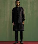Black raw silk embroidered nehru jacket set