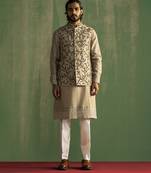 Grey linen embroidered nehru jacket set