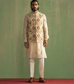 Ivory embroidered linen nehru jacket set