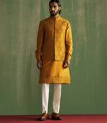 Yellow embroidered linen nehru jacket set