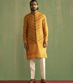 Yellow linen embroidered nehru jacket set