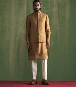 Mustard linen embroidered nehru jacket set
