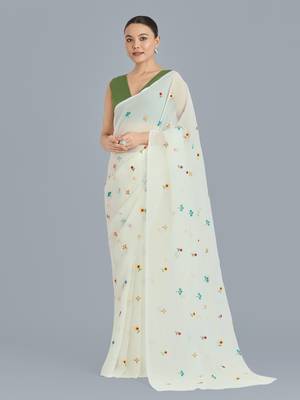 Cream georgette embroidered saree with unstitched blouse  2