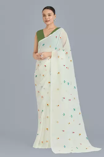 Cream georgette embroidered saree with unstitched blouse 