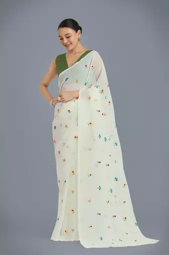 Cream georgette embroidered saree with unstitched blouse 