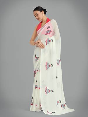 Faux Georgette cream embroidered saree with unstitched blouse  1
