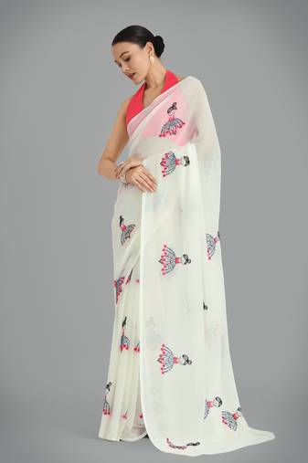 Georgette cream Thread work embroidery saree with unstitched blouse 