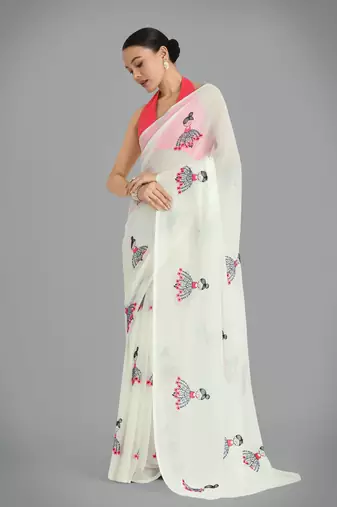 Georgette cream Thread work embroidery saree with unstitched blouse 