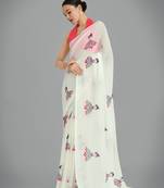 Georgette cream Thread work embroidery saree with unstitched blouse 