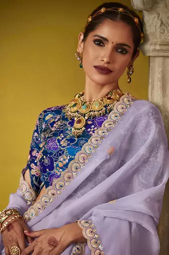 Lavender tissue silk blend embroidered saree