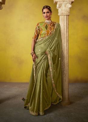 Olive green tissue silk blend embroidered saree 1