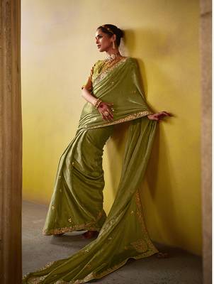 Olive green tissue silk blend embroidered saree 2