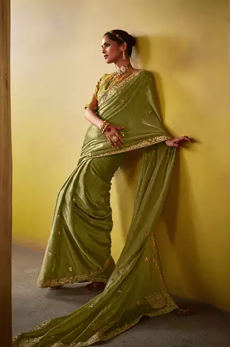 Olive green tissue silk blend embroidered saree