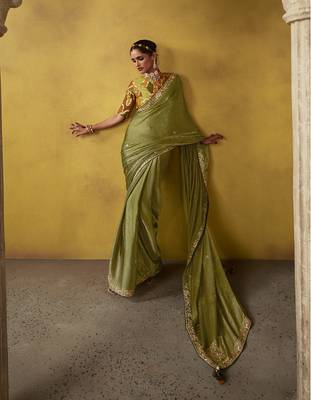 Olive green tissue silk blend embroidered saree 3