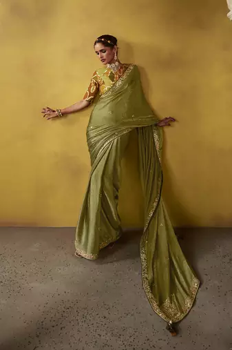 Olive green tissue silk blend embroidered saree