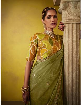 Olive green tissue silk blend embroidered saree 4
