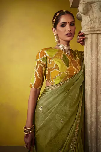 Olive green tissue silk blend embroidered saree