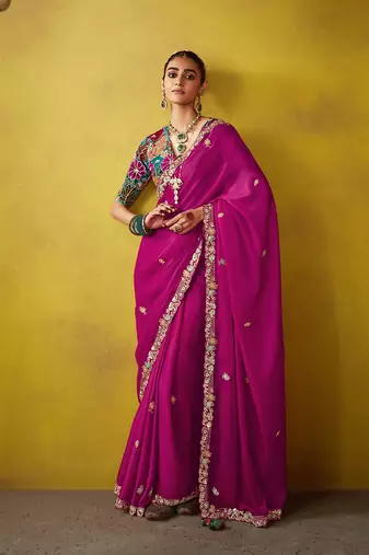Hot pink tissue zari ceremonial saree