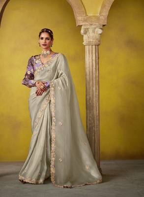 Silver tissue silk blend embroidered saree 1