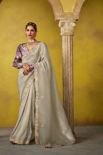 Silver tissue zari ceremonial saree