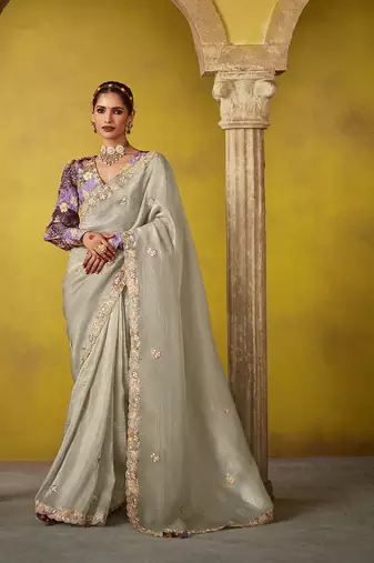 Silver tissue zari ceremonial saree