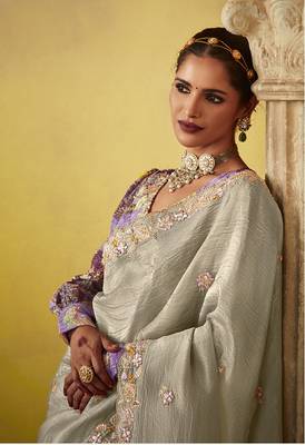 Silver tissue silk blend embroidered saree 2