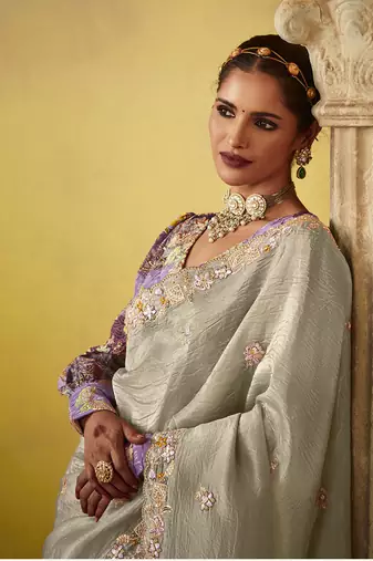 Silver tissue silk blend embroidered saree