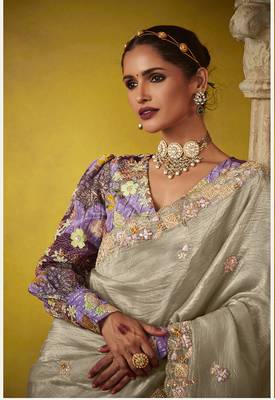 Silver tissue silk blend embroidered saree 3