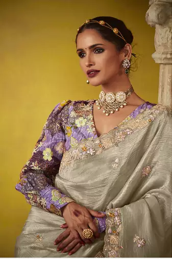 Silver tissue silk blend embroidered saree