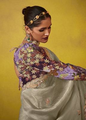 Silver tissue silk blend embroidered saree 4
