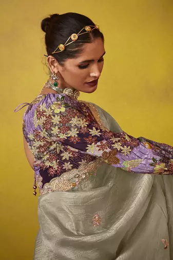 Silver tissue silk blend embroidered saree