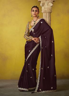 Wine tissue silk blend embroidered saree 1