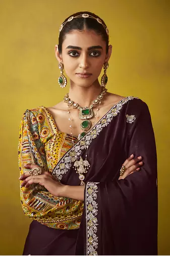 Wine tissue silk blend embroidered saree