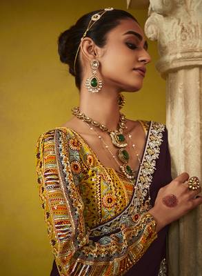 Wine tissue silk blend embroidered saree 3