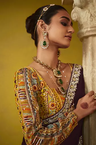 Wine tissue silk blend embroidered saree