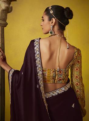 Wine tissue silk blend embroidered saree 4