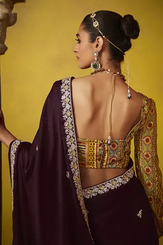 Wine tissue silk blend embroidered saree