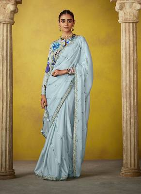 Aqua blue tissue silk blend embroidered saree 1