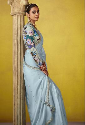 Aqua blue tissue silk blend embroidered saree 2