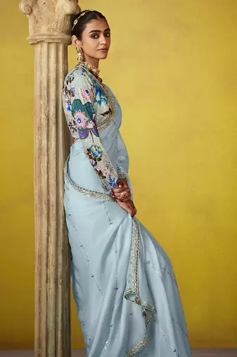 Aqua blue tissue silk blend embroidered saree